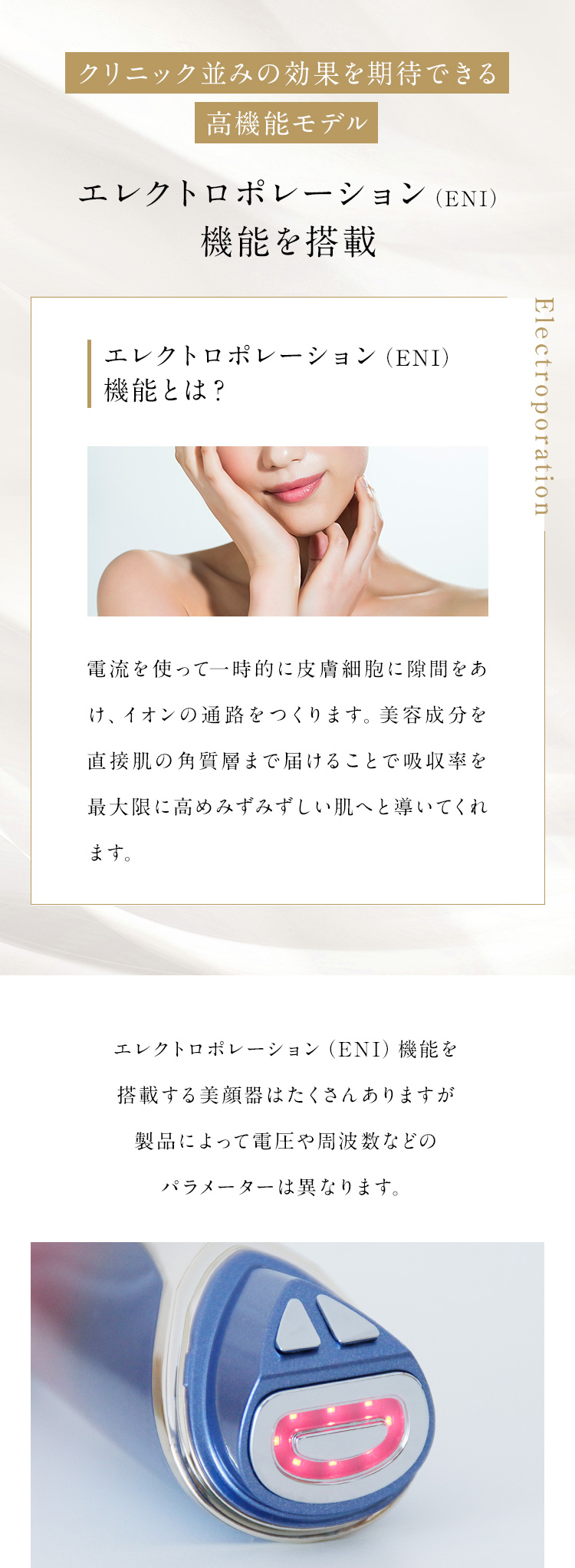 クリニック並みの効果を期待できる高機能モデル エレクトロポレーション（ENI）機能を搭載